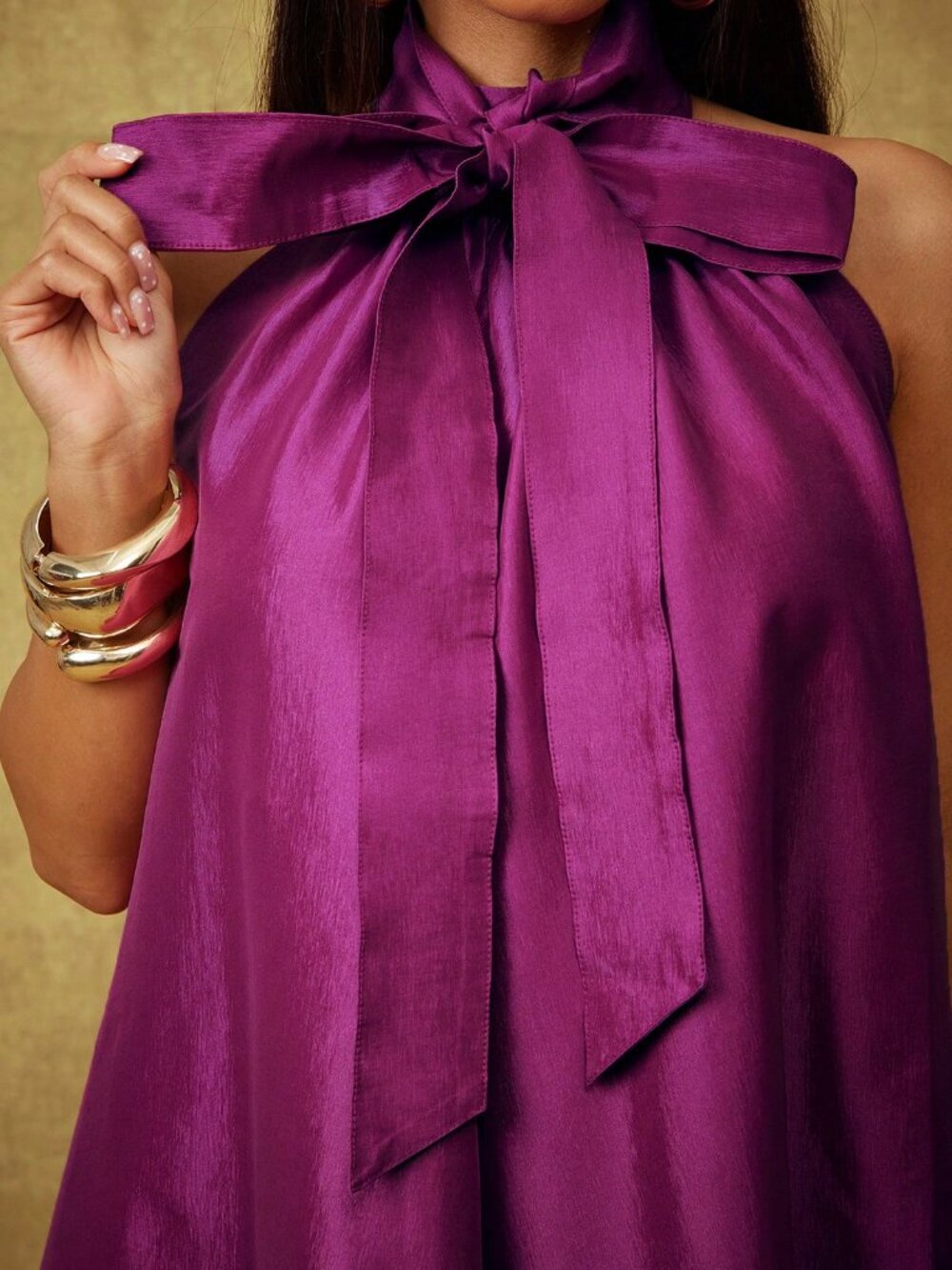 Purple Elegant Women's Taffeta Bow Tie Halter Neck Extra Wide Leg Jumpsuit - Picture 5 of 5